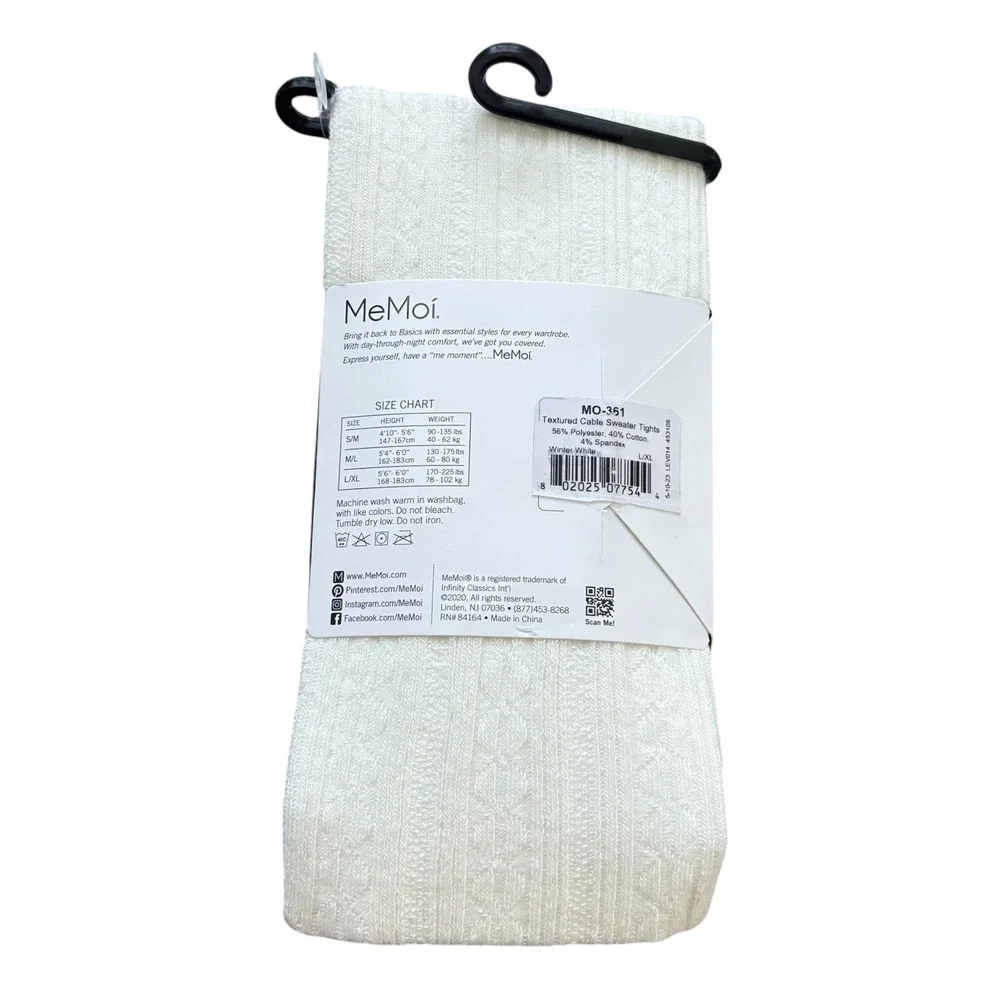 MeMoi Winter White Textured Cable Sweater Tights L/XL Cotton Blend NWT Preppy